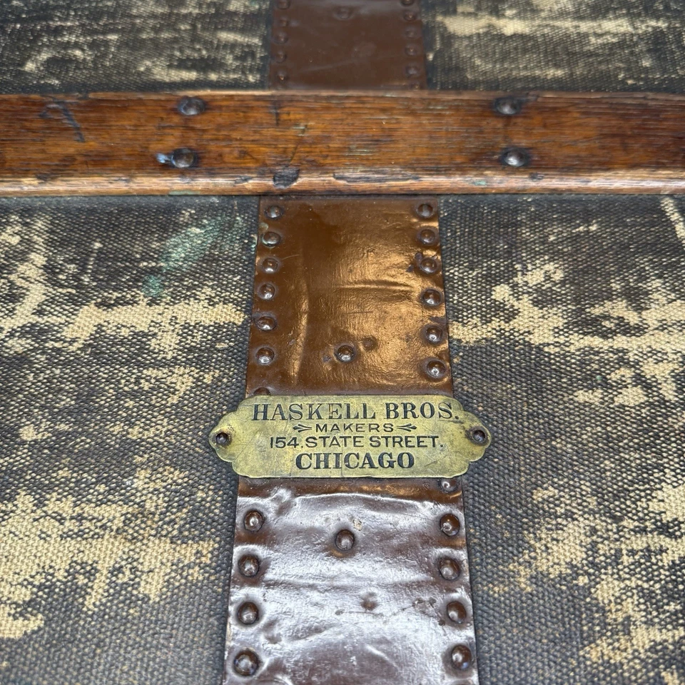 Antique Haskell Bros Chicago Steamer Trunk Wood Canvas Chest Rustic Decor - Image 3 of 4