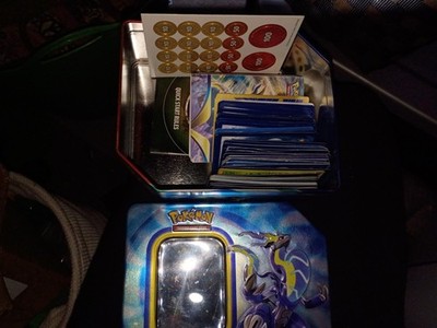 Pokemon Tin With Misc Pokemon Inside. Assorted Cards Holo No Energy No Repeats.