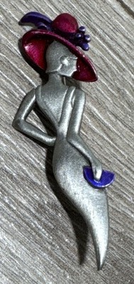 Vintage Judith Jack Lady Woman Figural Brooch Pin Pink and Purple Enamel Hat