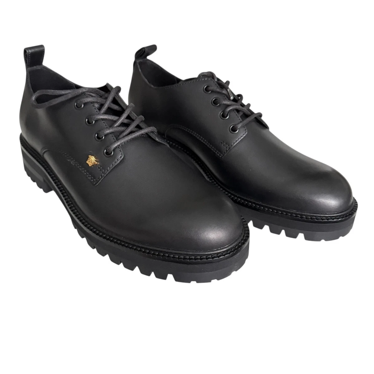 Zapatos Versace 1014646 para hombre negros 100 % cuero oro pequeño logotipo Medusa Derby