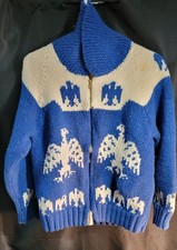 Vtg Thunderbird Sweater Wool Shawl Collar Cowichan Cardigan BSA Rockabilly Blue
