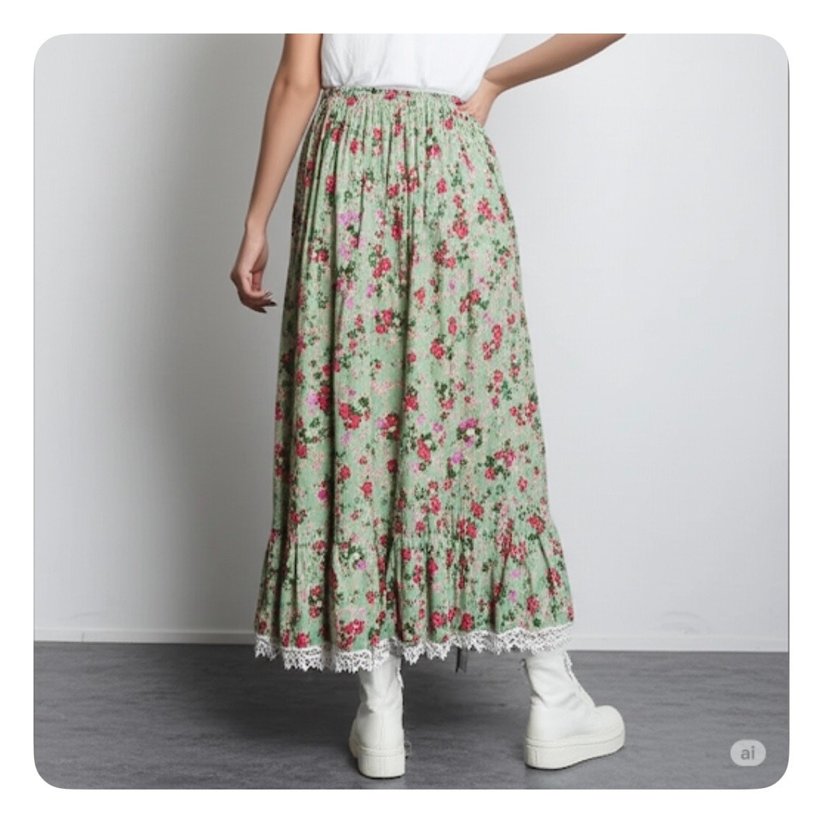 Hand Sewn Floral A-Line Skirt 2X Cotton Lace Ruffle Hem Elastic Waist Cottage