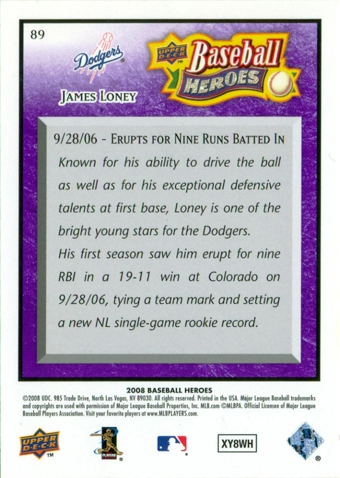 2008 UPPER DECK BASEBALL HEROES #89 JAMES LONEY - PURPLE PARALLEL SP/RARE #07/25 - Image 2 of 2