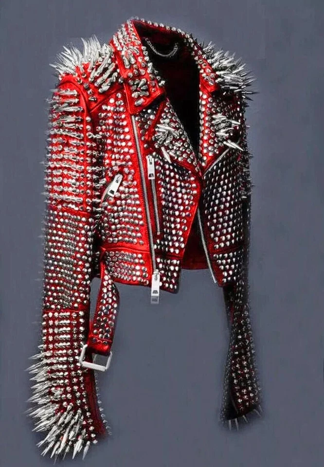 Men's Red Punk Full Silver Long Spiked Studded Unique Classic Leather Jacket - Image 3 of 3