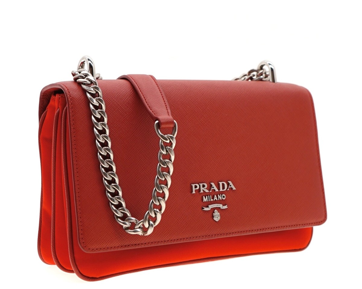 Prada Chain Crossbody Shoulder Bag Saffiano Leather And Nylon Red