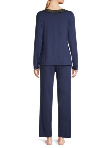 Cosabella PERUGIA Navy Blue Black Lace Trim Long Sleeve Top Pant Pajama Set - M - Picture 3 of 6
