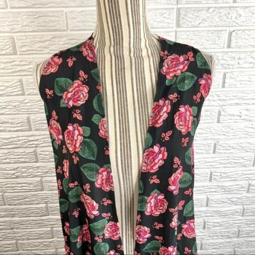 Chaleco LulaRoe Largo Floral Ligero Joy Talla Extra Pequeño Negro Rosa Verde - Imagen 2 de 7