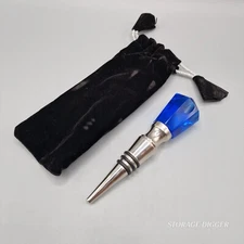 Vintage Art Glass Blue Liquor Wine Bottle Stopper With Metal Shaft & Rubber Seal