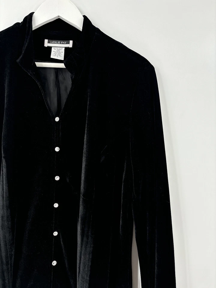 Blusa Leslie Fay Vintage Mujer 16 Negro Terciopelo Mangas Largas Botón Frontal Top Foto 3 de 4
