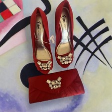 Vtg 1980s Red Gem Jewel Satin Pump High Heel Matching Purse Clutch Sz 8.5