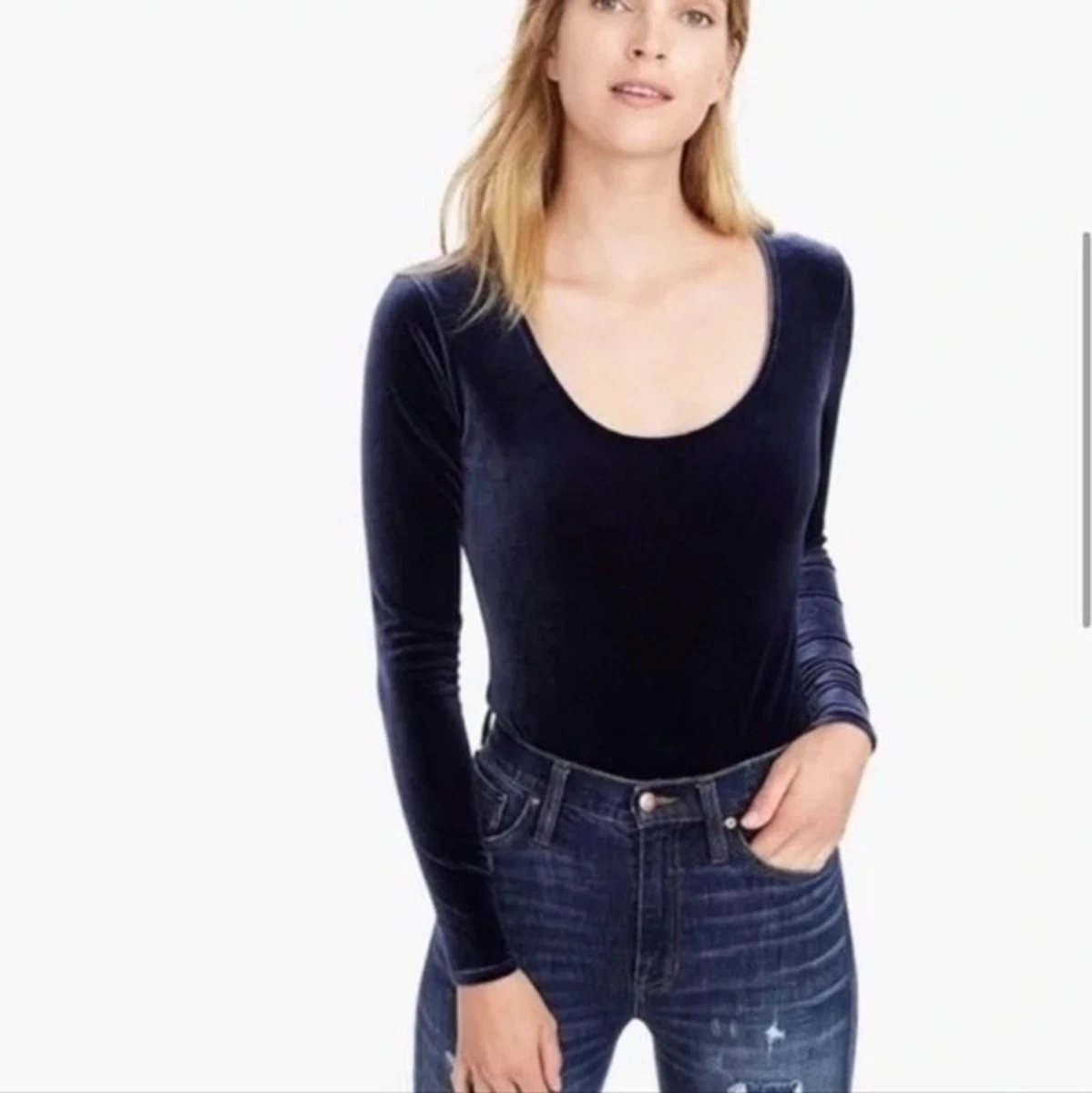 J. Crew Velvet Long Sleeve Scoop Neck Bodysuit Top Navy Blue