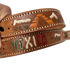 Vtg 60's TOOLED Carved Leather Native American MEXICO Chief Western Cowboy Belt