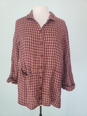 Flax S 100% Linen Light Jacket Shirt Plaid Rust Tan Checkered Lagenlook Artsy