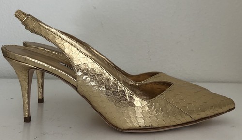 NIB Manolo Blahnik Erisli Genuine Snakeskin Gold Slingback Pump Heel Sz 37.5 - Picture 5 of 8