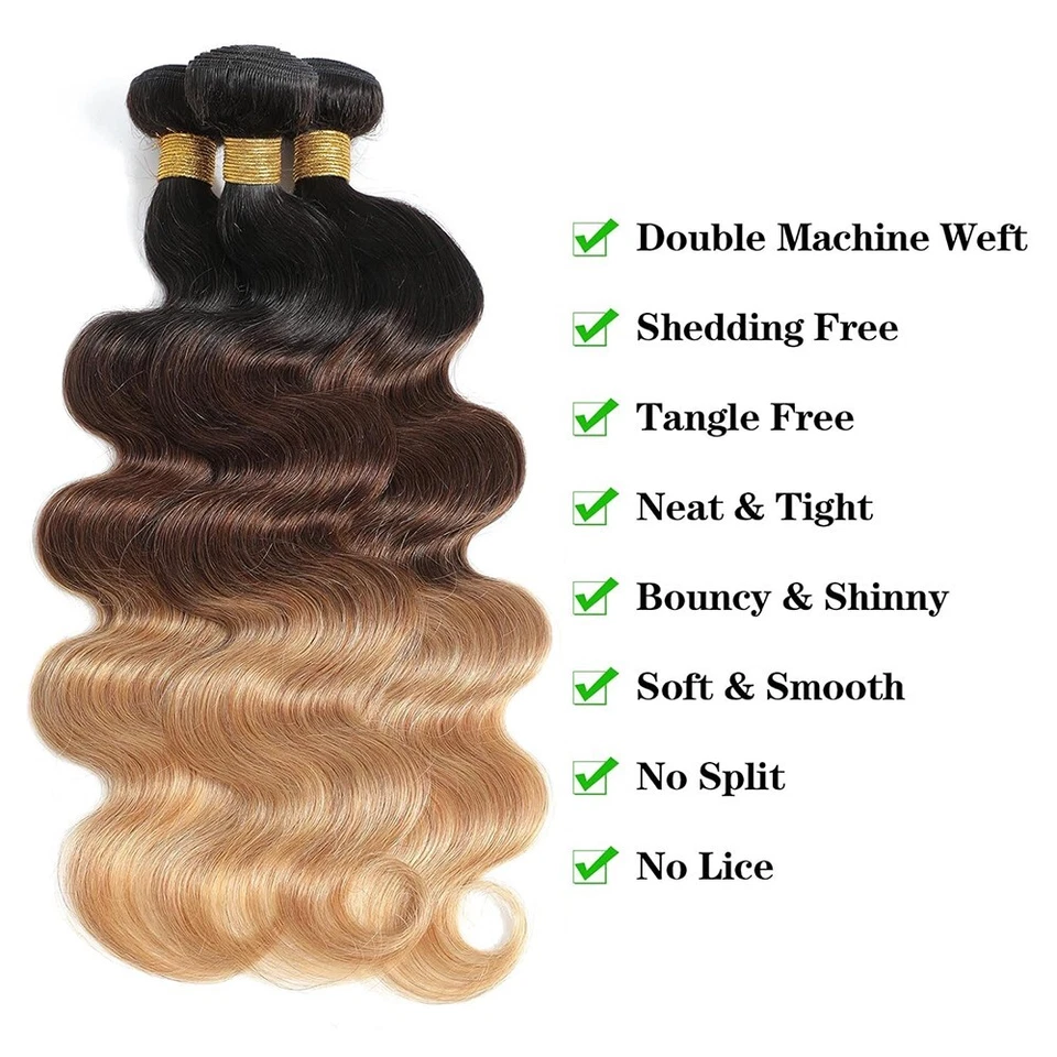 Paquetes de cabello humano Ombre con cierre onda corporal 4x4 cierre de encaje cabello 1b/4/27 Foto 2 de 4