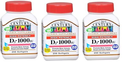 21st Century D3 1000 IU High Potency Vitamin D Softgels 250 Ct X **3 Packs**