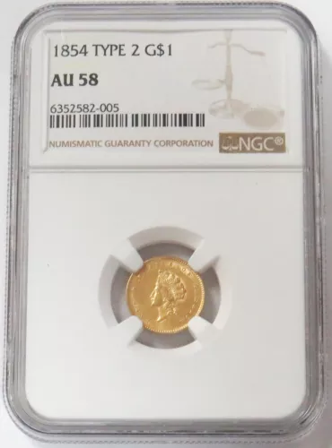 1854 GOLD US PRINCESS HEAD $1 DOLLAR COIN TYPE 2 NGC ABOUT UNC 58