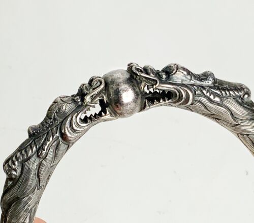 Antique Chinese silver Dragons Bamboo bangle bracelet repousse - Picture 2 of 6