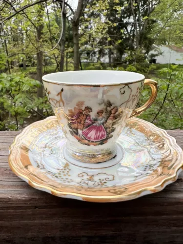 Vintage Courting Couple Demitasse Teacup Saucer Gold Trim Irridescent JAPAN