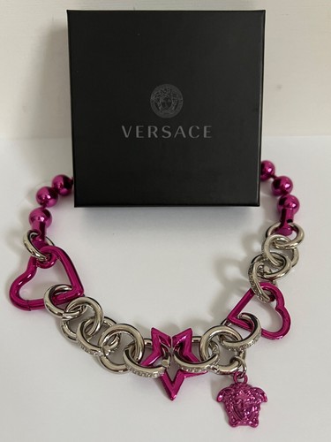 NIB Versace Medusa Logo 2Tone Pink Silver Star Heart Chunky Chain Necklace $1675 - Picture 4 of 24