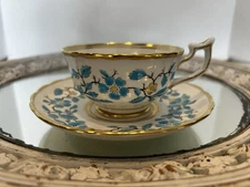 Royal Chelsea 663A Turquoise Enamel Floral & Gold Bone China Tea Cup & Saucer