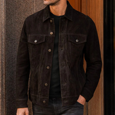 Chocolate Waxed Suede Men's Trucker Jacket Size XL Double Snap Buttons