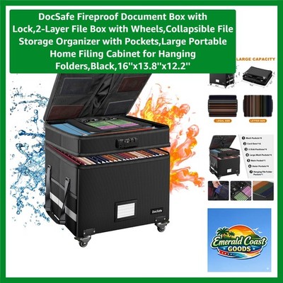 Collapsible Fireproof File Box with Lock and Wheels - Secure Document Storage
