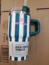 Stanley Quencher Emerald Stripe Pink Logo Cabana Gloss Tumbler 20 Oz NEW GREEN