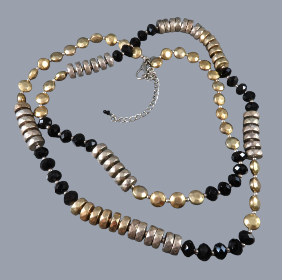 CHICO'S BEADED NECKLACE Muted Gold & Silver Tone w/BLACK CRYSTAL Beads 42-46