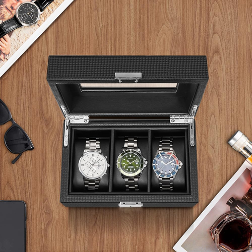 Watch Box for Men,3-Slot Watch Case with Glass Lid,Watch Storage Case with Remov - Picture 2 of 12