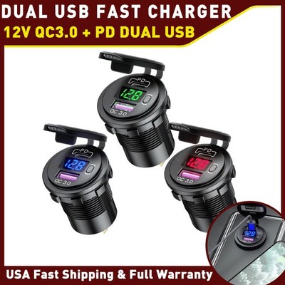 12V QC3.0 USB Dual Car Fast Power Charger Socket Outlet LED Voltmeter Waterproof