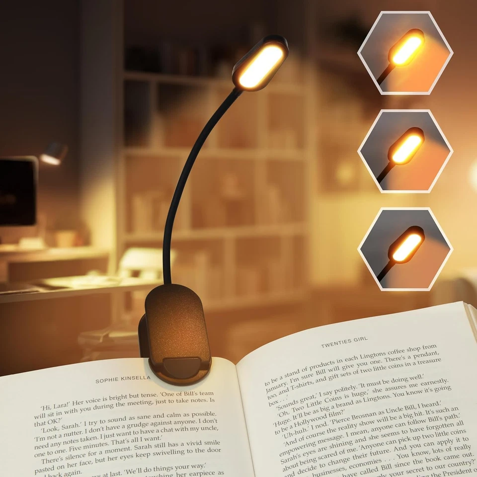 Luz de libro con luz azul que bloquea luces de cama con clip de lámpara LED ámbar en libro  Foto 4 de 4