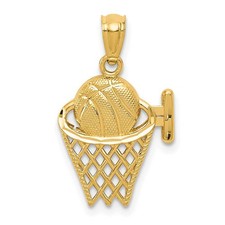 14k Yellow Gold Diamond Cut Basketball and Hoop Pendant