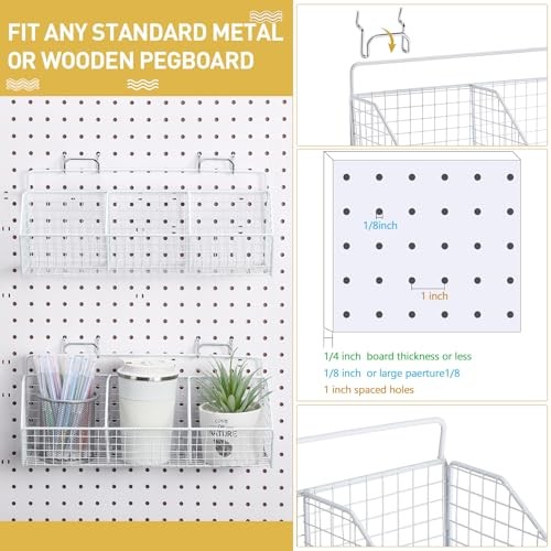 Set 2 Pezzi Cestini da Garage in Metallo con 4 Ganci Pegboard - Montaggio a Parete Bianco - Foto 4 di 8