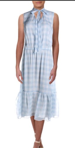 Lauren Ralph Lauren Blue White Sleeveless Tie V Neck Gingham Ruffle Hem Dress 2 - Picture 11 of 11