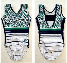 GK ELITE Gymnastics Leotard GREEN Blue WHITE Unique BACK Tank LEO Size: AXS