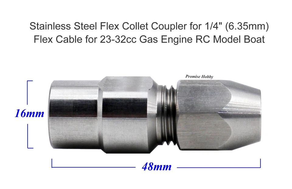 Stainless Steel Collet Coupler for 1/4" Flex Cable 23-32CC Gas Engine RC Boat - Image 3 of 4