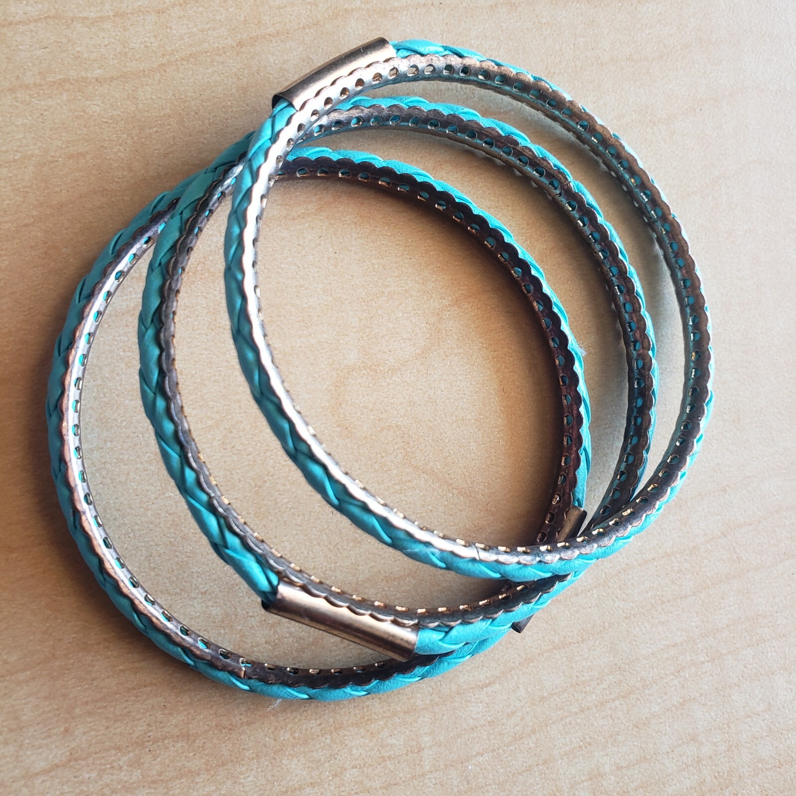 3 Stacking Bracelets Copper Leather Turquoise Bra… - image 4