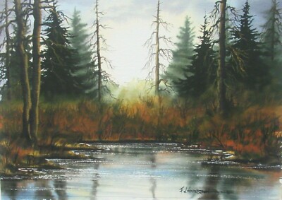 F.W. ANDERSON ORIGINAL WATERCOLOR RIVER FOREST LANDSCAPE PAINTING