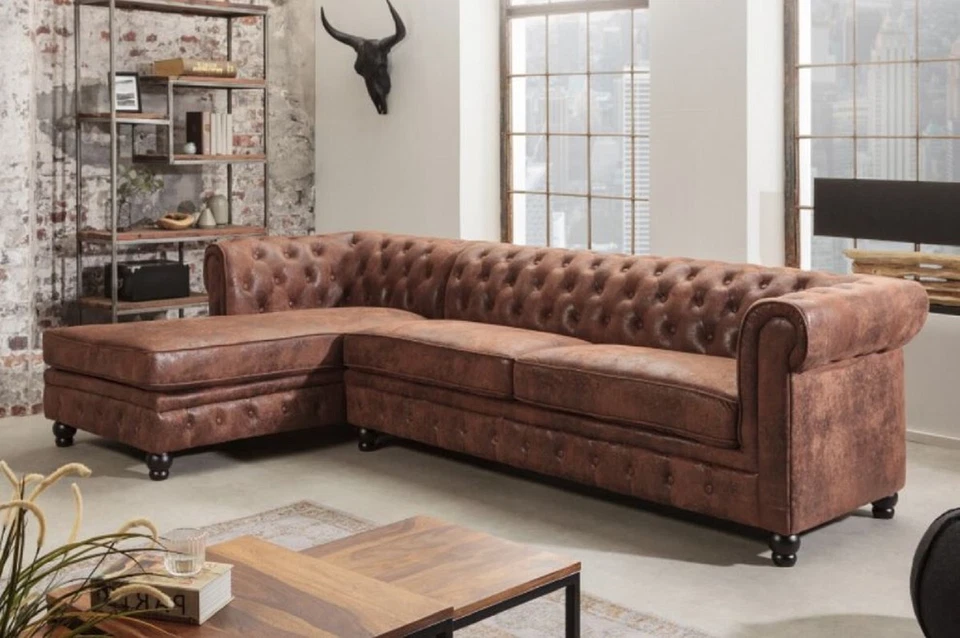 Casa Padrino Chesterfield Ecksofa Links Antik Braun Microfaser Wohnzimmer Sofa  - Bild 2 von 4