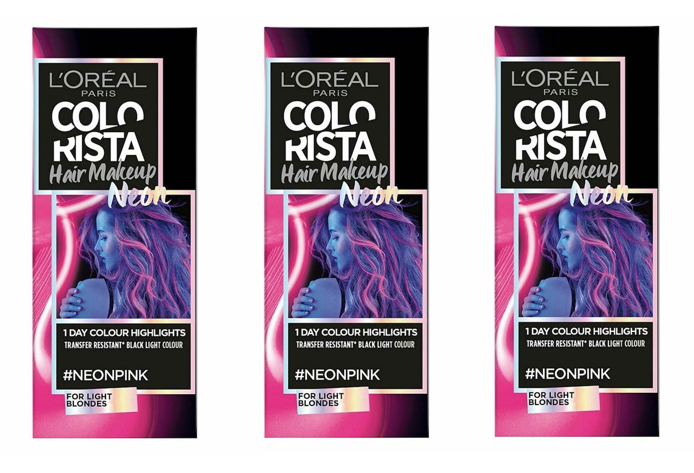 3 x L'OREAL COLORISTA HAIR MAKEUP NEON PINK 1 DAY TEMPORARY COLOUR HIGHLIGHTS