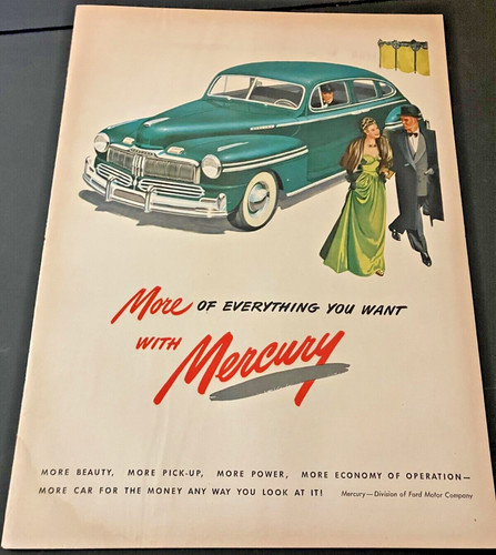 1948 Mercury Sedan V-8 - Vintage Original Illustrated Color Print Ad / Wall Art
