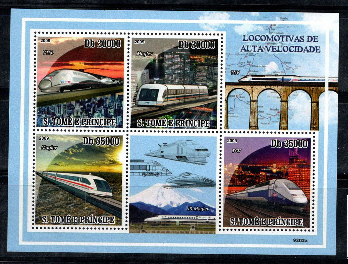 SaoTomè e Prìncipe 2009 Mi. 4088-91 Minifoglio 100% Nuovo ** Treni Super Veloci