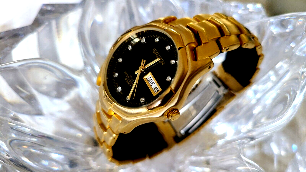GRUEN ゴールド クォーツ時計 Gruen Black Dial Day/Date 38mm Gold Tone Men's Watch | eBay
