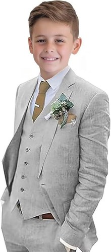 Boys Linen Suit 3 Piece Slim Fit Formal Suit Set Summer Wedding Suit Kids Tuxedo - Picture 19 of 31