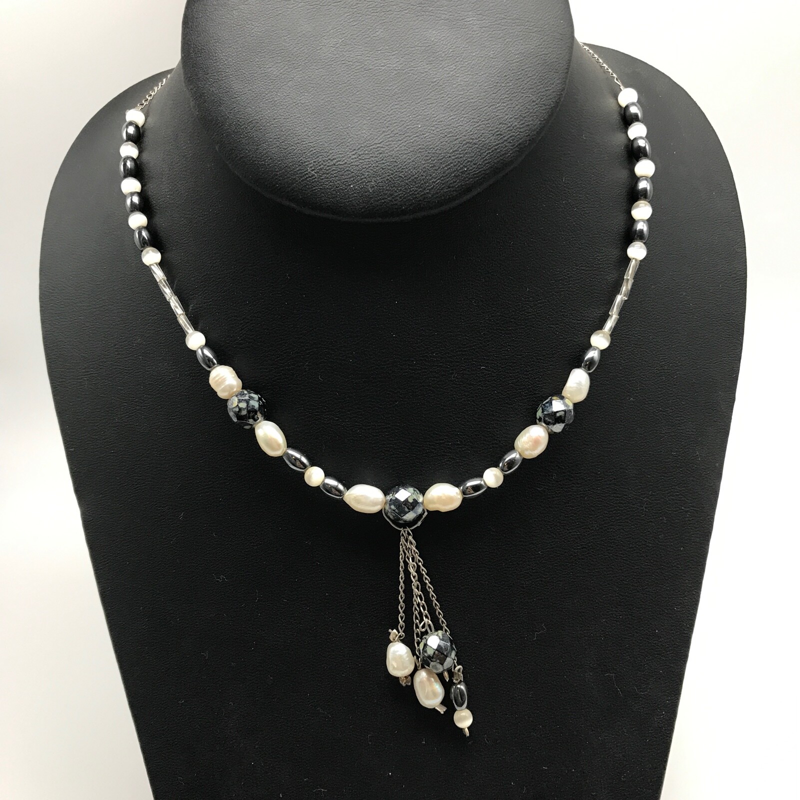 925 Sterling Silver Vintage Genuine Real Pearl White Cat's Eye Hematite Necklace