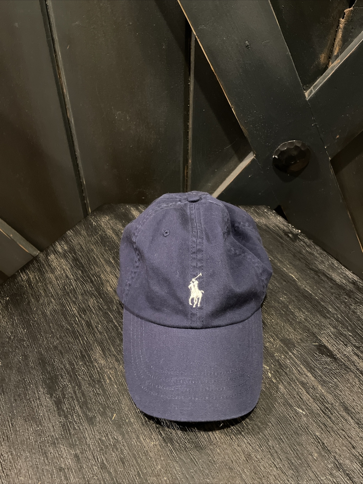 Cappello pony Polo Ralph Lauren berretto da baseball strapback blu bianco O S ottime condizioni