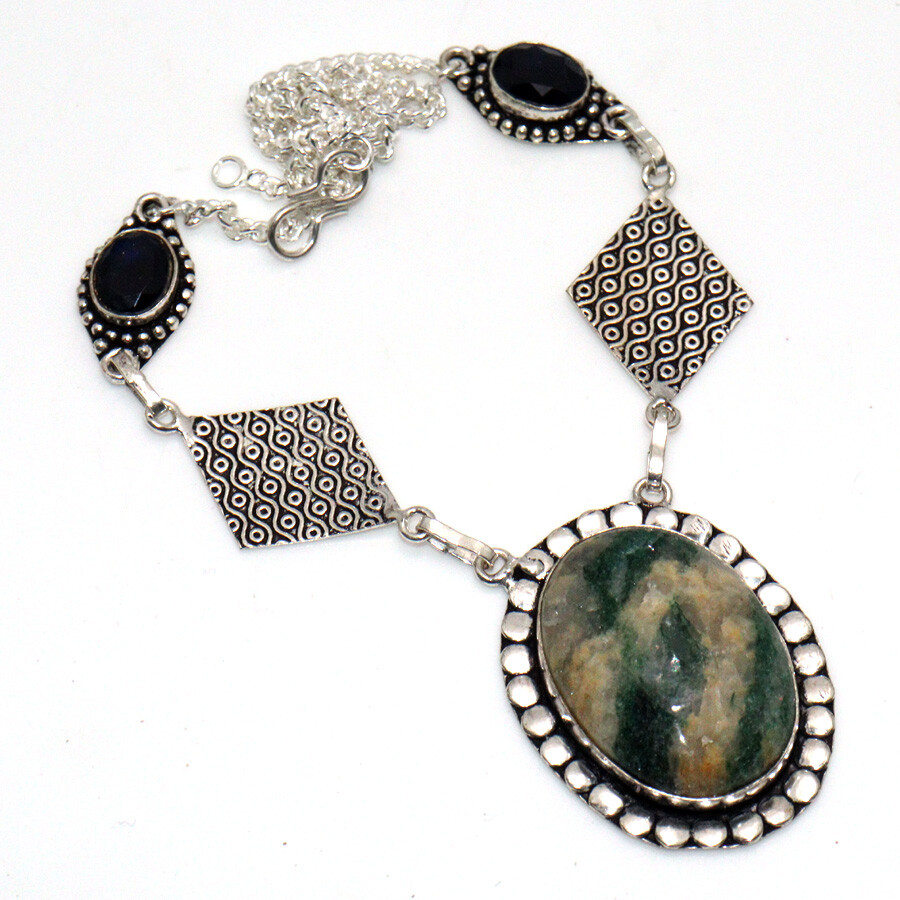 925 Silver Plated Green Aventurine Green Onyx Necklace Jewelry Size 17