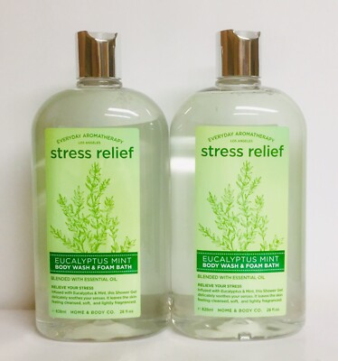 2 Bottles Stress Relief Eucalyptus & Mint Body Wash & Foam Bath w/ Essential Oil