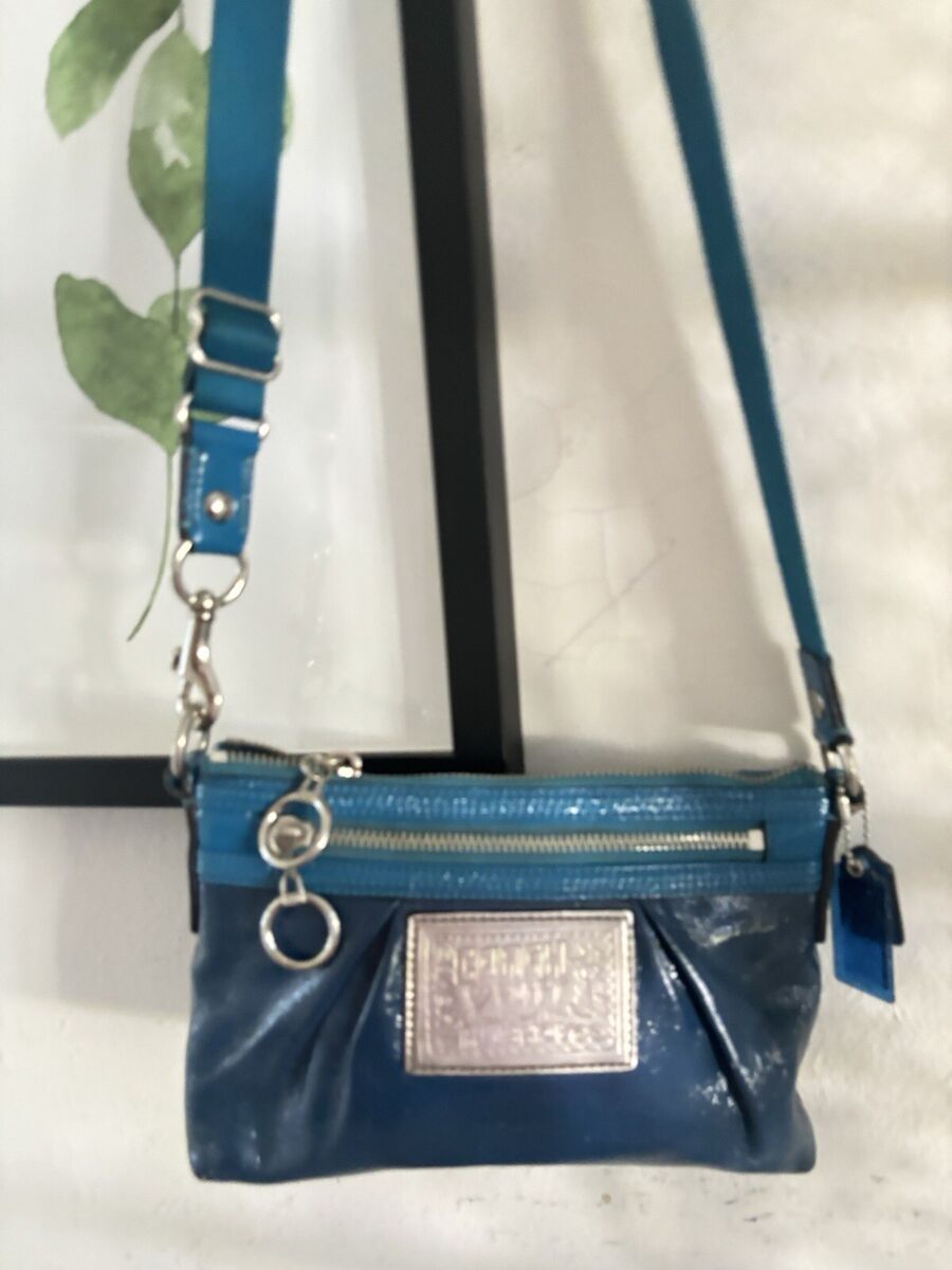 COACH Glossy Poppy Blue Leather Zipper Shoulder Bag Small